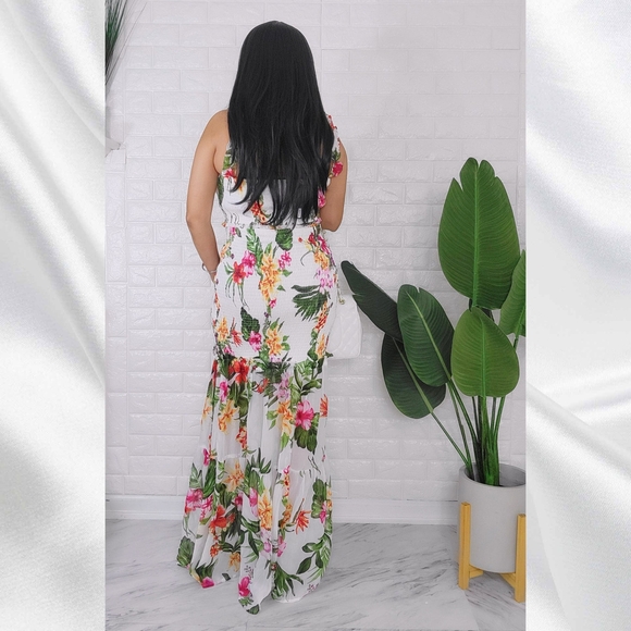 Ivory Floral Chiffon Smocked Ruffle Crop Top & Maxi Skirt Set - Picture 4 of 4